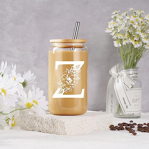 Image of Coolife Initial Glass Cup, Monogrammed Gifts for Women, 16 oz Tumbler w /Lid | Iced Coffee Smoothie Beer Tumbler w /Straw Lid - Personalized Christmas, Birthday Gifts for Woman Her Mom Friend