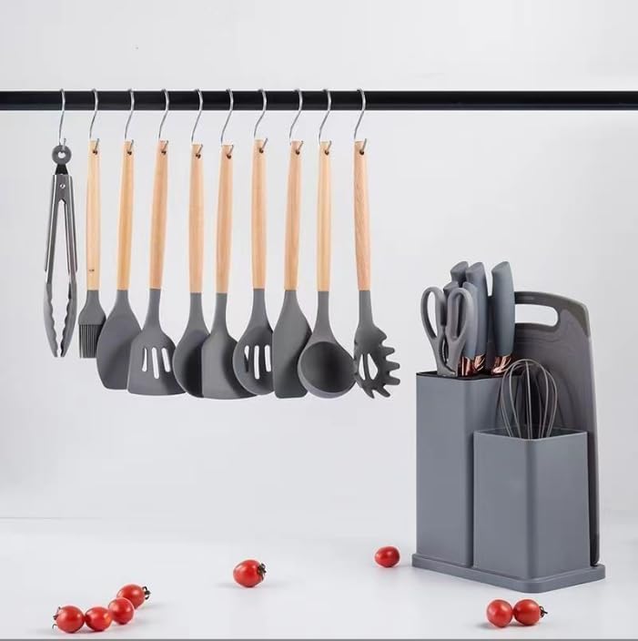 Set Coltelli da Cucina, pacchetto di utensili da Cucina da 19 pezzi, comprende 5 coltelli e 13 utensili da cucina in silicone, oltre a 1 scatola di stoccaggio (grigio) - immagine 5