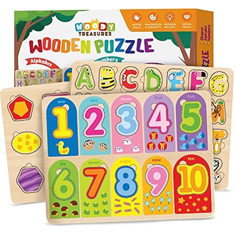 Woody Treasures Wooden Puzzles - 3-Piece Set Educational Toys for Toddlers 3 Years & Up - ABC Puzzle Includes Alphabet, Numbers & Shapes - Colourful and Fun Toys for Boys & Girls Cover
