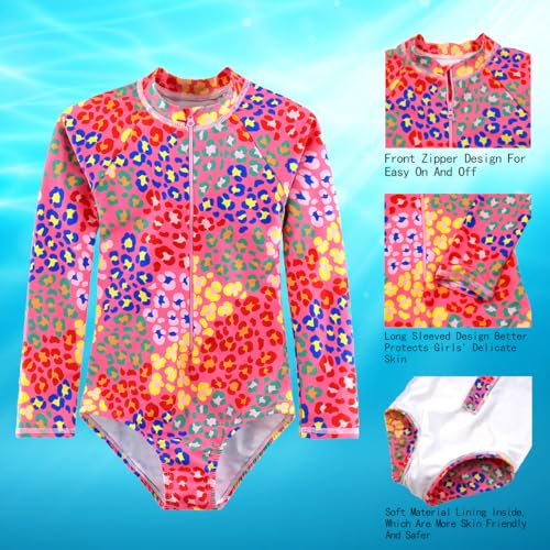 Image of Girls One Piece Swimsuit Long Sleeve Rash Guard UPF 50+ Age 2-12Y