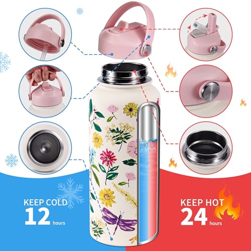 Goetland Flowers Water Bottle Beverage Bottle with Straw Lid 32 oz Stainless Steel Wide Mouth Vacuum Insulated Cute UV Printing Leak Proof For Women Girls Kids Little Pink by Goetland - Used condition - Image 4