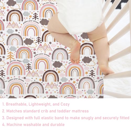 Image of Colorful Boho Rainbow Baby Crib Sheet 52''x28'' Cute Rainbow Mountain Trees Clouds Stars Fitted Crib Mattress Cover for Boy Girl Soft Bed Sheet for Standard Size Crib and Toddler Mattresses