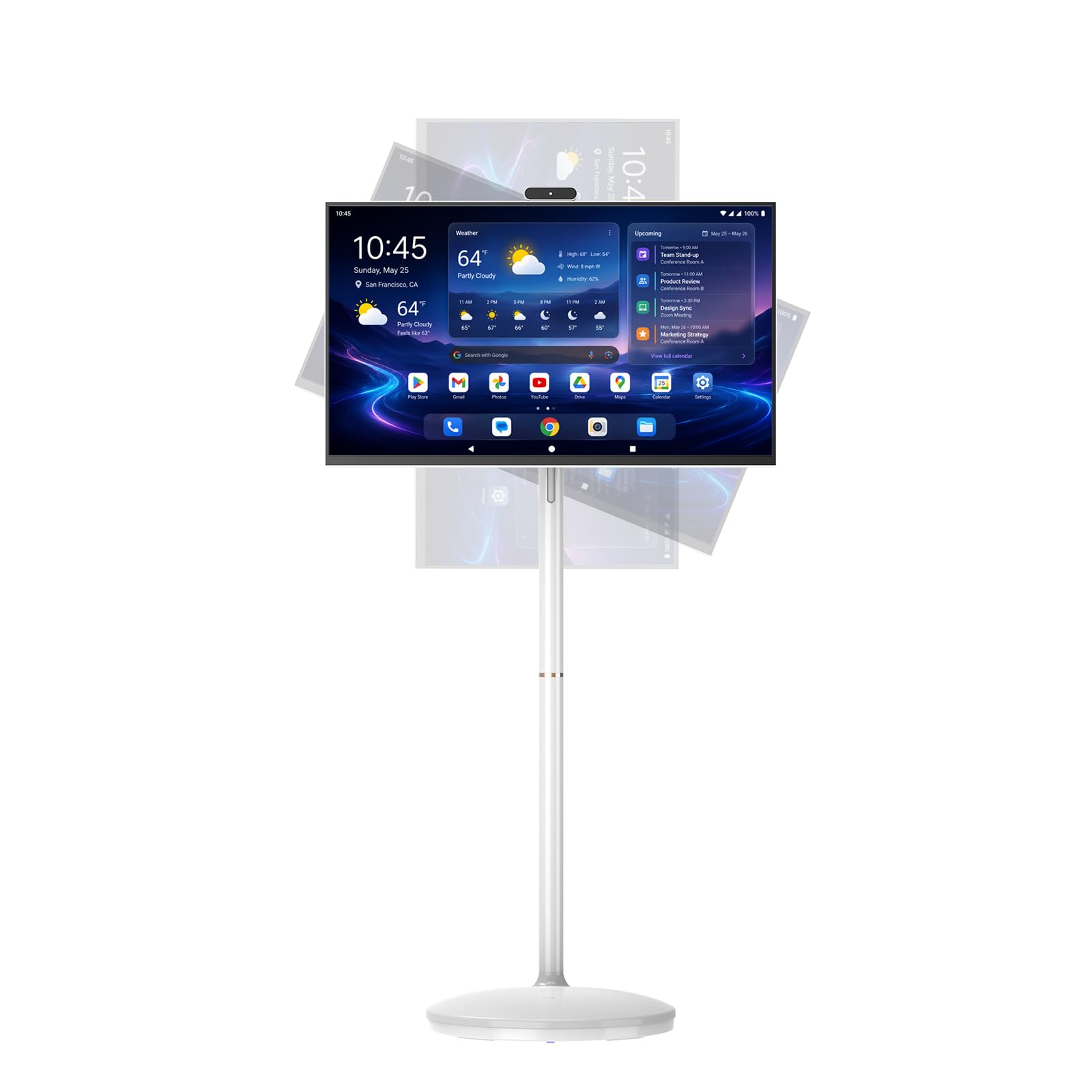 32 Inch Smart Portable TV on Wheels, Android 14 FHD Touch Screen Monitor with Battery, 8GB RAM 128GB Storage, 13MP Webcam, HDMI USB-C Rolling Smart Display for Home Office