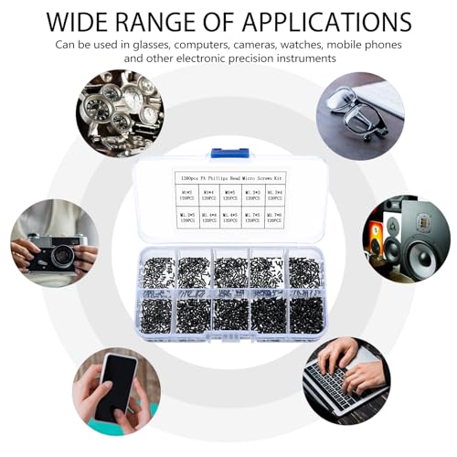 1200 Stk Selbstschneidende Schraubenset, Kleine Schrauben Set,M1 M1.2 M1.4 M1.7 Mini Kreuzschlitzschrauben mit Linsenkopfschrauben Sortiment Set für Elektronik Uhrmacher Brillen Schrauben