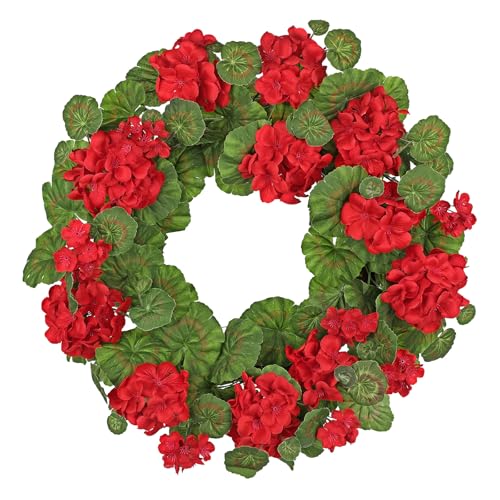 Briful 19.6-Inch Geraniums Wreath with Lush Greenery Vibrant Red Blooms Artificial Indoor/Outdoor Perfect for Spring/Summer Decor