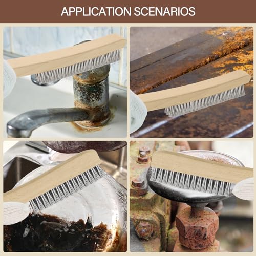 Image of Heavy Duty Stainless Steel Wire Brush, 1Pcs 10 inch and 1Pcs 14 inch | Curved Beechwood, Long Handle, Scratch Brush, For Rust, Metal, Paint, Welding, Automotive & Household Cleaning
