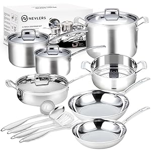 Nevlers 15 Pcs Stainless Steel Pots and Pans Set |Tri-Ply Stainless Steel Cooking Set & Aluminum Core |Premium Stainless Steel Pan Set | Induction Cookware Set | Kitchen Cookware Sets & Utensils