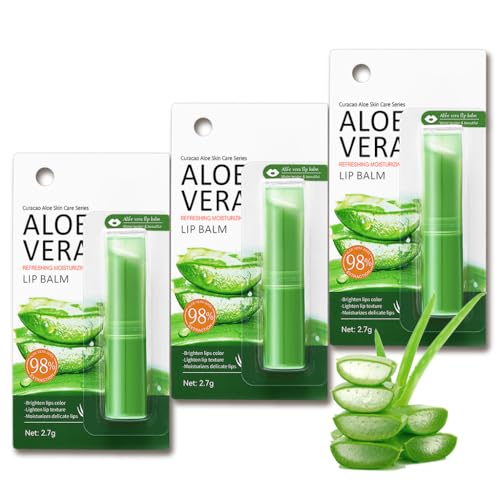 Lip balm Set 3 PCS Aloe Vera Lip Balm Day and Night Lip Moisturiser Lip Care Chapstick Long-lasting Moisture to Soothe Dry Chapped Lips Nourishing & Hydrating Lip Mask for Women Men (Aloe Vera)