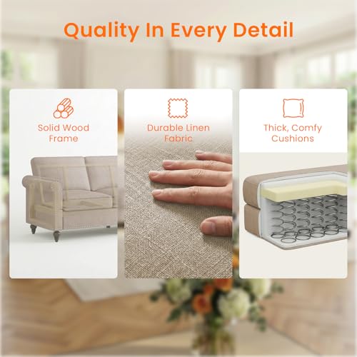 Image of ijuicy 2-Piece Sectional Sofa Set, Modern Linen Couch Set -Beige | with 5 inch Thicken Cushion & Nailhead Trim, Living Room Furniture Set-Armchair and 3 Seat Sofa