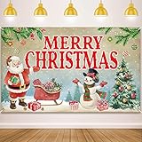 Vintage Merry Christmas Banner Christmas Party Decoration Christmas Santa Claus Elk Background Vintage Xmas Theme Banner for Christmas Winter Holiday Xmas Photo Booth Prop Supplies