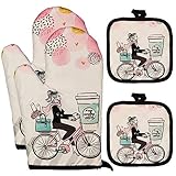 FSTIKO Little Girl Riding A Bicycle Oven Mitts and Pot Holders Sets 4 Pieces, Hot Pads Cotton Quilted Kitchen Mittens BBQ Gloves with Potholders Kitchen Microwave Gloves for Baking Cooking Grilling