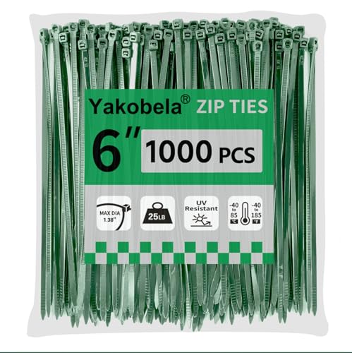 Cintas de sujeción verdes para cables, 6 pulgadas, paquete de 1000 unidades, resistentes a los rayos UV, tensión de rotura de 25 libras, para jardinería, luces navideñas y organización de cables, marca Yakobela miniatura 1
