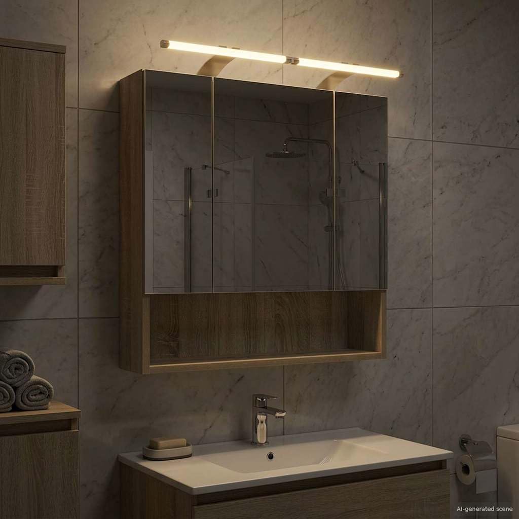 Szafka łazienkowa z lustrem Sonoma z drzwiami 60 x 14,5 x 70 cm, wisząca na ścianie z miejscem do przechowywania, dwie półki, dwustronne lustro, oświetlenie LED, idealna do umywalek i mebli