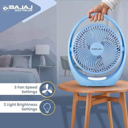 Image of Bajaj Pygmy Go 178MM Mini Fan with LED Lighting | Rechargeable | USB Charging | 4-hours Battery Backup | 3 Speed | 2-Light Brightness Setting | High Speed | Portable【Blue】