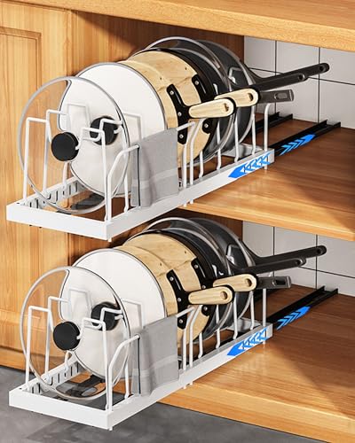 UMDONX 2 Pack Expandable Pull Out Pot and Pan Organiser Cupboard Storage Rack, Adhesive Kitchen Plate Drawer, Cabinet Stand Holder with 10 Adjustable Dividers(Durable Metal White)