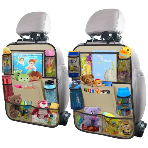 ULEEKA Car Backseat Organizer with 11″ Table Holder, 10 Storage Pockets Seat Back Protectors Kick Mats for Kids Toddlers, Travel Accessories, 2 Pack