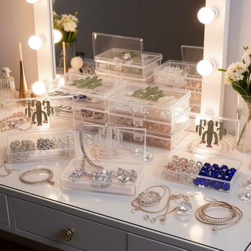 Image of Goodma 8 Pieces Cactus Image Pattern Rectangular Clear Plastic Boxes | Empty Storage Organizer Containers, Hinged Lids, For Small Items and Craft Projects, 5.3 x 3.1 x 1.2 inch
