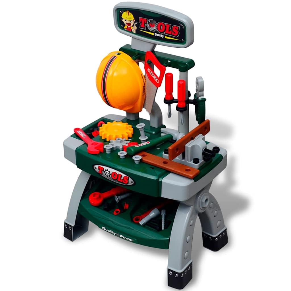 Banco de trabajo infantil con herramientas de plástico verde y gris, 44 x 28 x 71 cm, juego de rol, juego de herramientas para niños a partir de 3 años, con accesorios para jugar y aprender