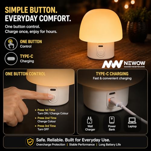 Image of NW Solar Mushroom Table Lamp with Type-C Charging, Auto RGB Color Changing (Red-Green-Blue), Warm White & White Modes, One Button Control, Rechargeable Bedside Night Light for Home, Bedroom & Outdoor