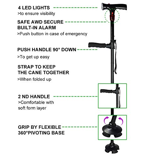 urge medical Clever Cane with LED Light,Travel Adjustable Folding Walking Canes, Security Alarm, Two Cushion Handles - Foldable, Light Weight Walking Stick for Arthritis Seniors Disabled and Elderly