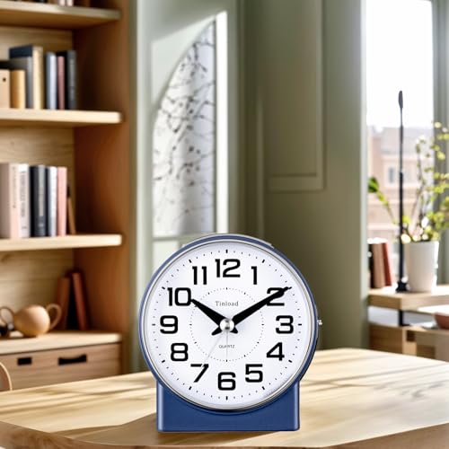 Image of Tinload 4.3 inch No Ticking Analog Alarm Clock,Silent Readable for Seniors,Easy to Set,Gradual Rise Alarm,Big Numbers,On /Off Switch on Side,Gentle Wake,Snooze,Lighted on Demand,Battery Operated,Blue