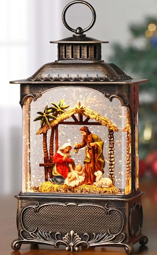 Blansong Nativity Snow Globe Lantern Christmas Decorations Gifts Auto Snowfall Glitter Music Collection Manger Sheep Pen Nativity Scene with 6H Timer USB/Battery Powered 10.2 inch