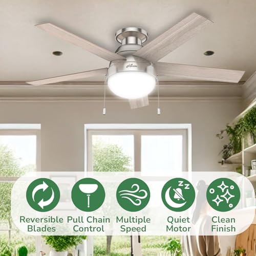 Image of Hunter Anslee, Indoor, Ceiling Fan, with LED Light, 46 inch, Brushed Nickel