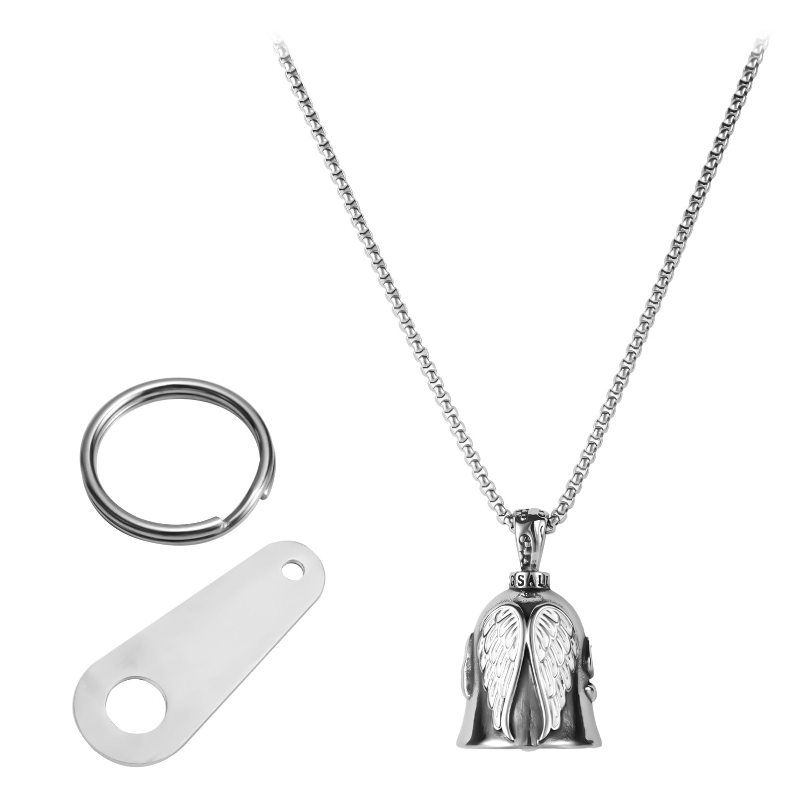 PEUTIER Motorcycle Bell, Titanium Steel Gremlin Bell Angel Guardian Bell Hanger with 3D Pattern Key Chain for Men Women Gift Luck