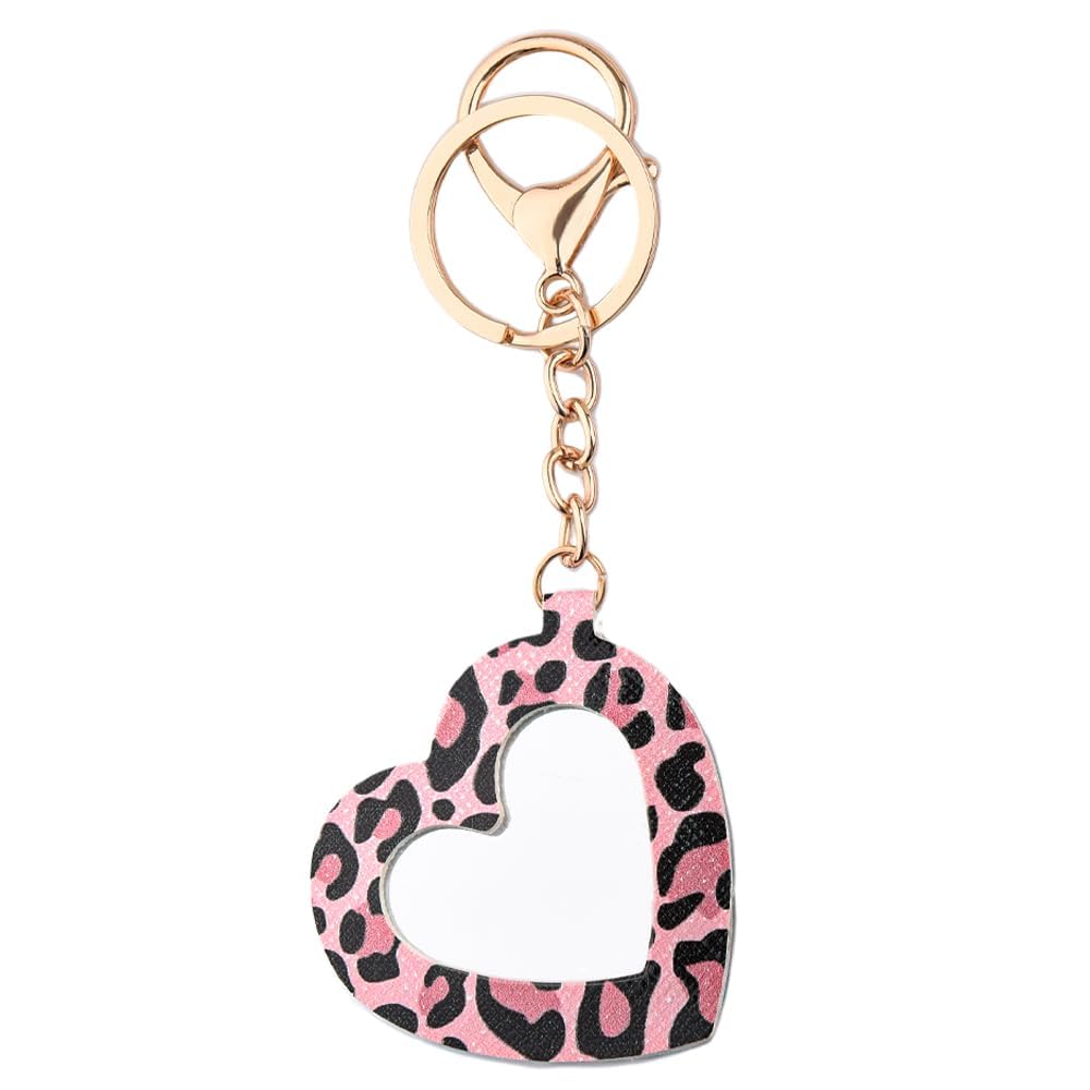 Pink Leopard Print Mirror Keychain for Women Cute Faux Leather Keychain for Girls Portable Makeup Mirror Keychain for Purse Bags Love Heart Pendant Key Chain Holder for Travel Pocket Keychains Mirror