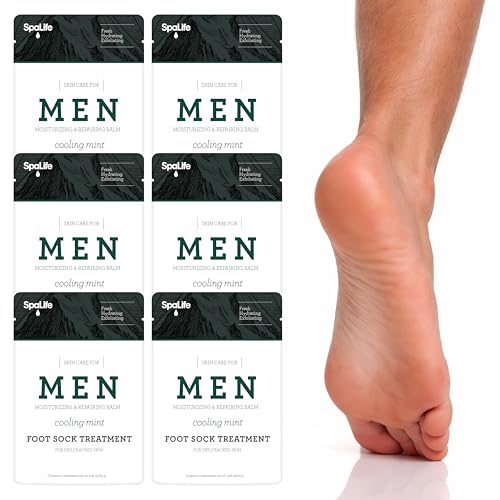 Spa Life Men's Cooling Mint Foot Repair Balm and Moisturizing Socks Set - Revitalizing Hydrating Foot Mask for Soothing Tired, Achy Feet and Softening Dry, Cracked Skin One Size Fits Most- 6 Pairs