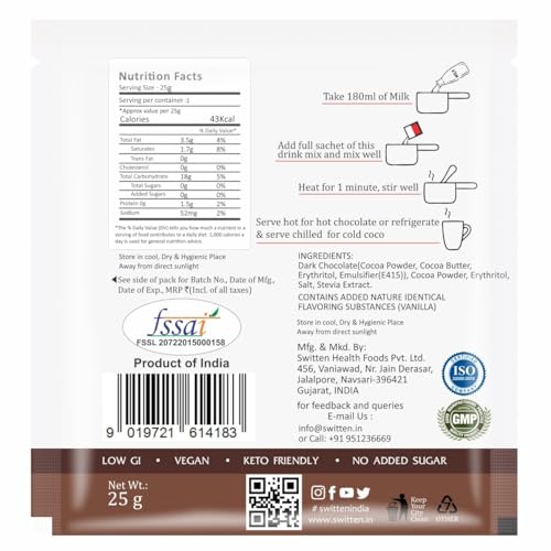 Image of Switten Sugar Free Drinking Chocolate - Pack of 10 (Each 25g) I Natural Stevia (Meethi Tulsi) leaves I Prepare Hot or Cold I Vegan I No Added Sugar