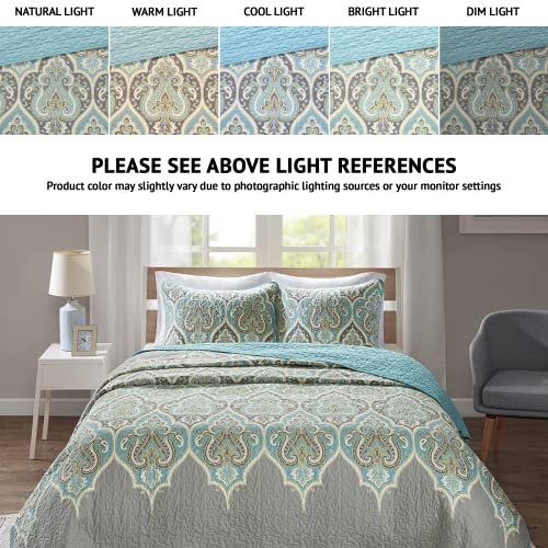 Comfort Spaces Quilt Set-Trendy Paisley Summer Cover, Cozy Coverlet Lightweight All Season Bedding Layer For Winter, Matching Shams, King/Cal King, Mona Paisley Teal #TOP2