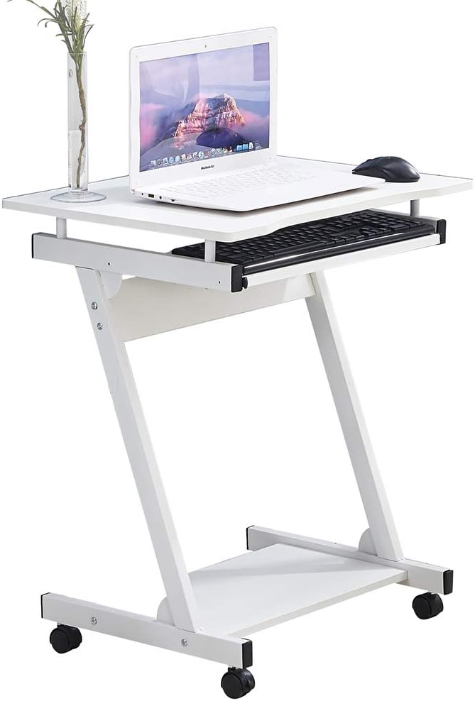 Mobile Laptop Table, Z Shaped Computer Desk with Keyboard Tray and Wheels, Home Office Workstation for Small Space (White)