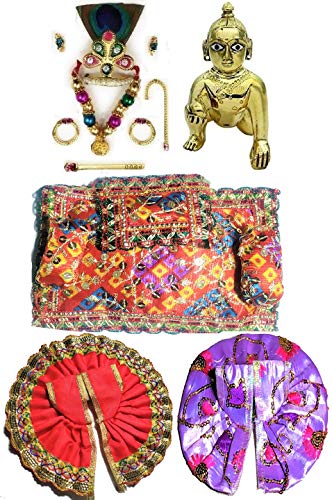 Image of Laddu Gopal Statue Pital Brass Murti with Dress Combo for Kanha Ji, Bal Gopal Statue (Bal Krishna Assorted 2 Dress Asana Combo (LG2), 3 no.)