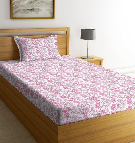 Image of NEW LEAF Glace Cotton 200 TC Flat Single Bedsheets For Summer Breathable | Wrinklefree (Size-60 X 90 Inch) With 1 Pillow Covers (Size-17 X 27 Inches, Small Flower Pink White), Small Single