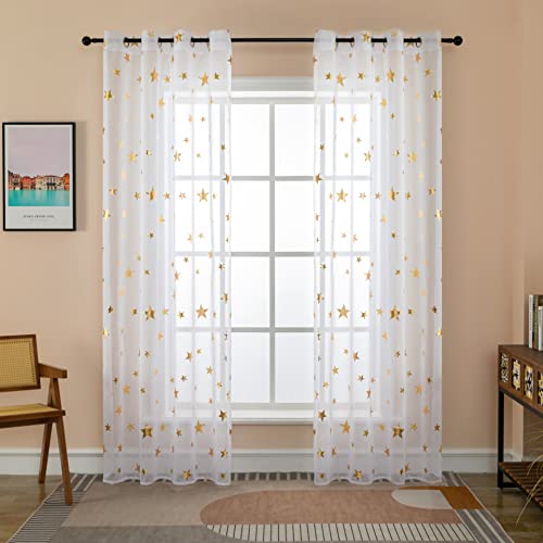 GIRASOLE HOME® Pair of Filtering Voile Curtains Golden Stars White Curtain for Indoor with Eyelets 2 Panels (Gold Stars, 140x290 cm)