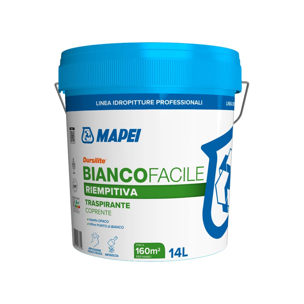 MAPEI Dursilite Bianco Facile Idropittura Traspirante per Interni, 14 Litri, Bianco, Finitura Opaca, Classe A+