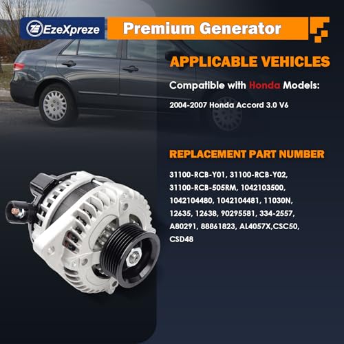 Image of EzeXpreze New Alternator fit for Honda for Accord 2004 2005 2006 2007 130Amp 12V Compatible V6 3.0L, Replace# 104210-3500, 104210-4480, 104210-4481, 31100-RCB-Y01, 31100-RCB-Y02, 31100-RCB-505RM
