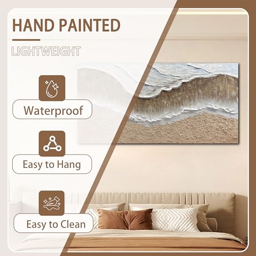 Trogonup Large Coastal Canvas Wall Art for Living Room 20x40 Inch Hand Painted White Ocean Textured Seascape Oil Painting Beach Artwork for Bedroom Office Home Decor Ready to Hang - Image 5