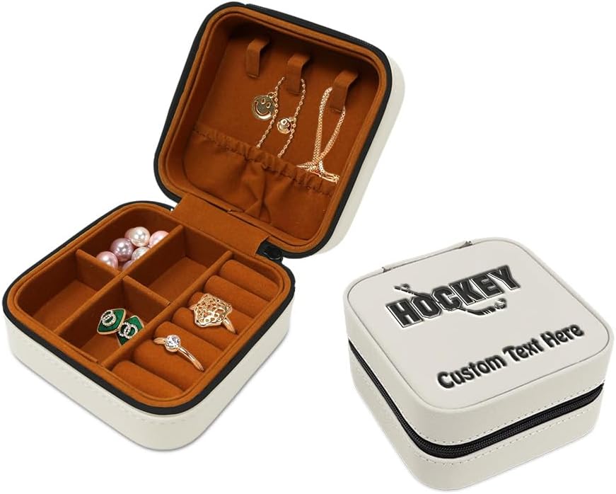 Speedy Pros Custom Leather Jewelry Box Hockey Stick and Disc Engraved Travel Jewelry Case Personalized Jewelry Organizer Earring Ring Box Storage White Personalized Text Here
