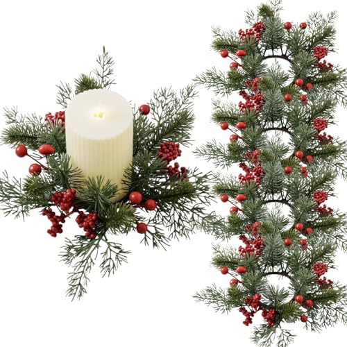 4 Piezas Anillos de Vela de Navidad de 10 Pulgadas Corona de Vela Realista Artificial con Aguja de Pino y Bayas Rojas centros navideños