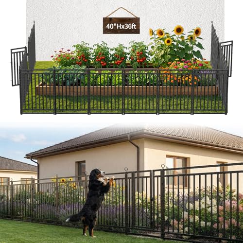 Decorative Garden Fence Metal Dog Fence Outdoor 40in (H) x 36ft (L) 14 Panels + 2 Gates Heavy Duty Garden Fencing Animal Barrier for Patio & Flower Bed Black-Silver
