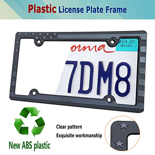 Image of BGGTMO American Flag License Plate Frames- Patriotic USA Stars and Stripes Plastic Car Tag Holder Cover (Gloss on Matte Black) with Screws | Patriotic USA Stars and Stripes, Gloss on Matte Black, Car Tag Holder Cover, Includes Screws Caps