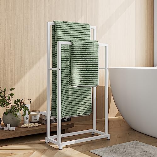 FOUBAM Towel Holder, Freestanding with 2 Rails, White, Metal - Cosy Home Interiors FOUBAM Towel Holder, Freestanding with 2 Rails, White, Metal