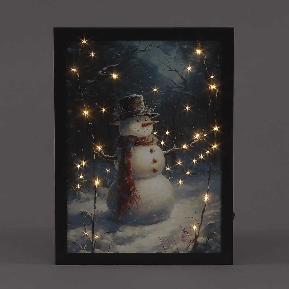 Snowtime Fibre Optic Framed Canvas Snowman In Hat & Scarf Battery Operated