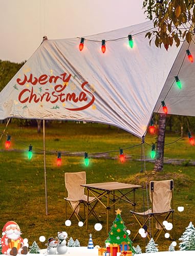 Image of 25Ft C9 LED Christmas Lights Outdoor, C9 Red and Green Christmas String Lights with 26 LED Shatterproof Bulb, Hanging Vintage Christmas Lights for Patio Xmas Tree Roofline Wedding Party Backyard Decor