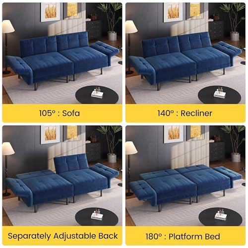Yaheetech Trennbares Sofa mit Schlaffunktion, Schlafsofa 2 Sitzer aus Samtstoff, Schlafcouch mit 4 Kissen, 170x80x72.5 cm Multifunktionaler Schlafsessel fürs Wohnzimmer/Schlafzimmer/Gästezimmer, Blau