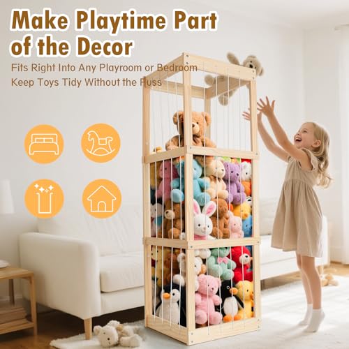 Image of Stuffed Animal Storage - Large Capacity Toy Organizers for Kids | Wooden Stuffed Animal Holder with Elastic Zoo Bars | Plushies Storage Toy Chest for Nursery, Playroom, or Bedroom