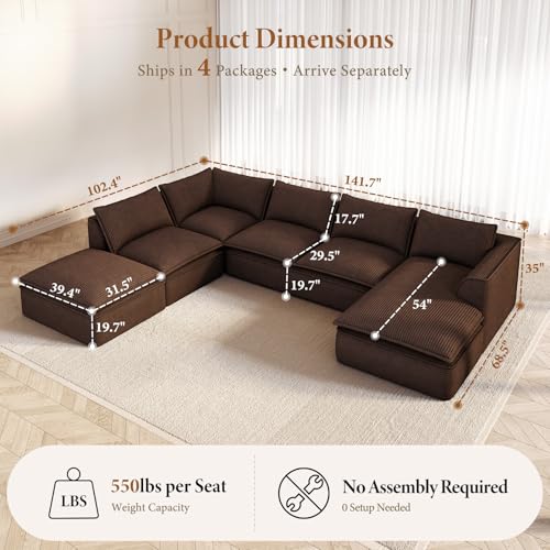 Image of Vesgantti 141.7 inch Oversized Modular Sectional Sofa, Modern 7 Seater Boneless Couch with Chaise and Ottoman, Deep Seat Plush Corduroy Cloud Style for Living Room, No Assembly Required,Brown