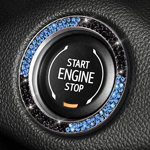 Image of ToBeQueen Light Blue Push Start Button Cover Interior Decoration, Crystal Diamond Rhinestone Blue Car Ring Stickers, Women Bling Car Accessories,Light Blue and Black